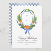 オレンジブルーモノグラムウィンタークレストクリスマス シーズンカード (正面/裏面)