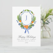 オレンジブルーモノグラムウィンタークレストクリスマス シーズンカード (スタンド正面)