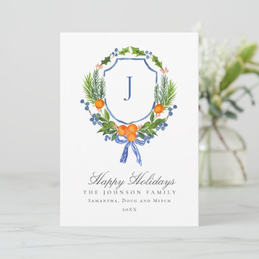 オレンジブルーモノグラムウィンタークレストクリスマス シーズンカード (スタンド正面)