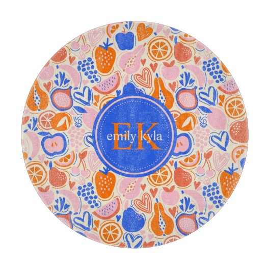 オレンジブルーモノグラム果物野菜 カッティングボード (正面)