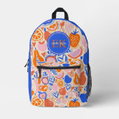 オレンジブルーモノグラム果物野菜 プリントバックパック (正面)