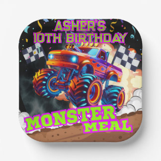 オレンジブルーモンスタービッグトラック誕生日スクエア ペーパープレート