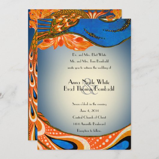 オレンジブルーヴィンテージピーコック結婚式招待状 招待状 (正面/裏面)