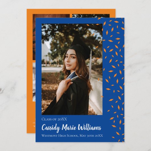 オレンジブルー紙吹雪卒業発表 招待状 (正面/裏面)