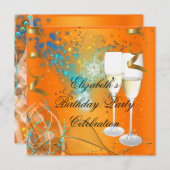 オレンジブルー金ゴールドバースデーパーティシャンパン 招待状 (正面/裏面)