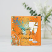 オレンジブルー金ゴールドバースデーパーティシャンパン 招待状 (スタンド正面)