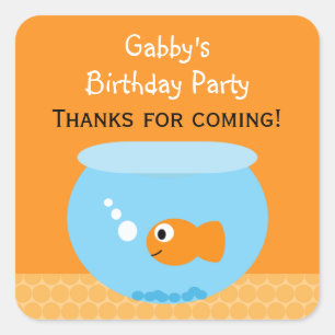 オレンジブルー金魚の誕生日パーティー好意ステッカー スクエアシール