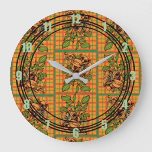 オレンジプレイドフローラ切り出し ラージ壁時計 (正面)