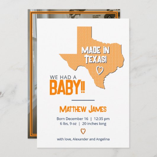 オレンジヘリンボーン作りテキサス州フォトベビー 案内状 (正面/裏面)