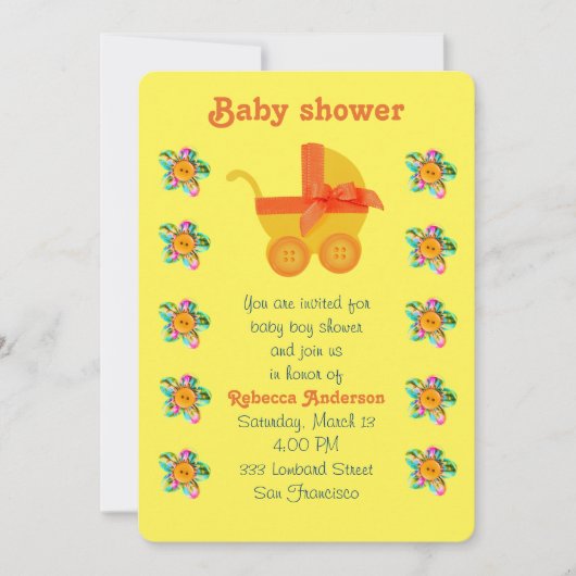 オレンジベビーのキャリッジ、ピンク、紫の縫花 招待状 (正面)