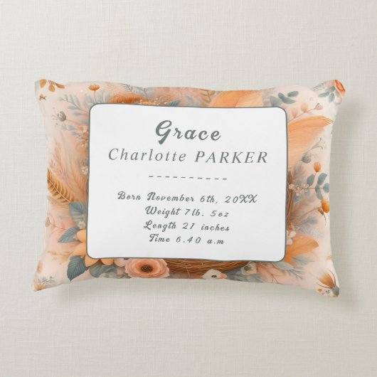 オレンジベビー妖精の巣のベビーガール誕生統計 アクセントクッション (裏面)