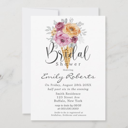 オレンジベリーピンクアイスクリームコーンブライダルシャワーInv 招待状 (正面)