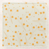 オレンジベージュレトロY2K 70sフラワーパターン ガラスコースター (正面)