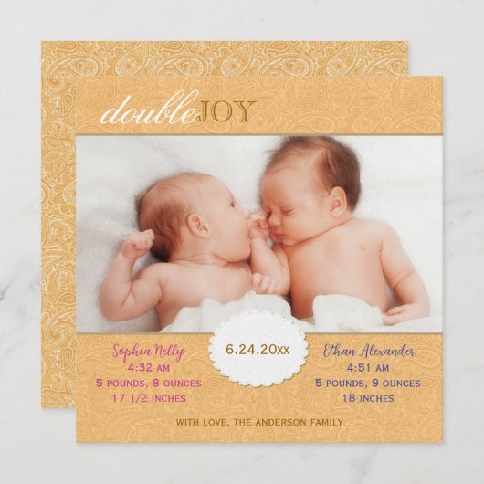 オレンジペイズリーツインズ写真誕生のお知らせ 案内状 (正面/裏面)