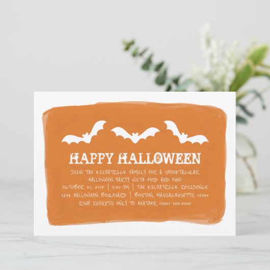 オレンジホワイトウォーターカラーこうもりハローウィンパーティ 招待状 (スタンド正面)