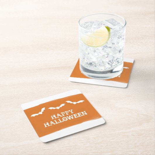 オレンジホワイトウォーター色こうもりハロウィーン スクエアペーパーコースター (インサイチュ)