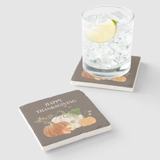 オレンジホワイトカボチャ金ゴールドグリッター感謝祭 ストーンコースター (横)