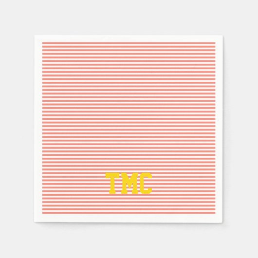 オレンジホワイトストライプモノグラムイニシャル名門私立校風の スタンダードカクテルナプキン (正面)