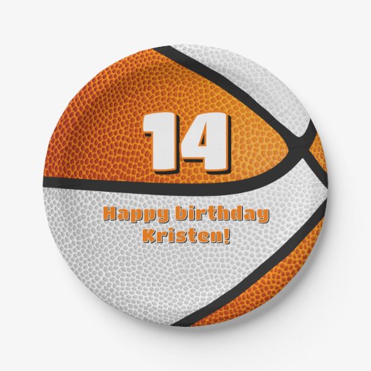 オレンジホワイトバスケットボール女子スポーツパーティー ペーパープレート (正面)