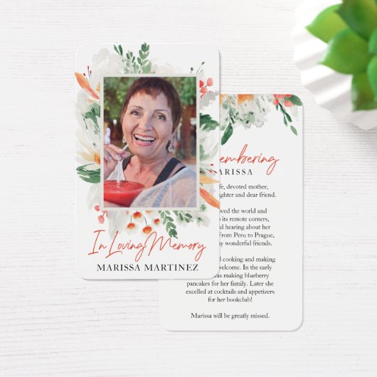 オレンジホワイトフローラ写真葬式祈りの言葉カード (デスク)