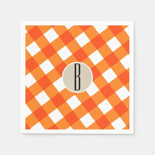 オレンジホワイトプレイドクラフトモノグラム素朴イニシャル スタンダードカクテルナプキン (正面)