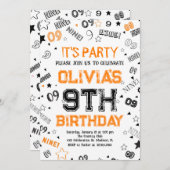 オレンジホワイトボーイナンバーナイン誕生日パーティー 招待状 (正面/裏面)