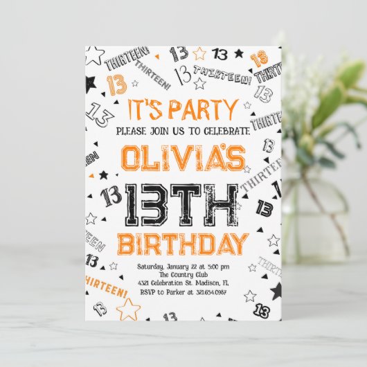 オレンジホワイトボーイナンバー13歳の誕生日パーティー 招待状 (スタンド正面)