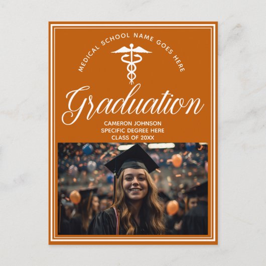 オレンジホワイトメディカルスクールフォト卒業パーティー ポストカード (正面)