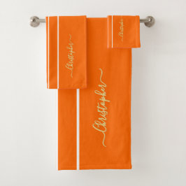 オレンジホワイトレーシングストライプ金ゴールドフェイクモノグラムの バスタオルセット