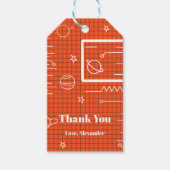 オレンジホワイト宇宙船スクリーン宇宙テーマ誕生日 ギフトタグ (正面)