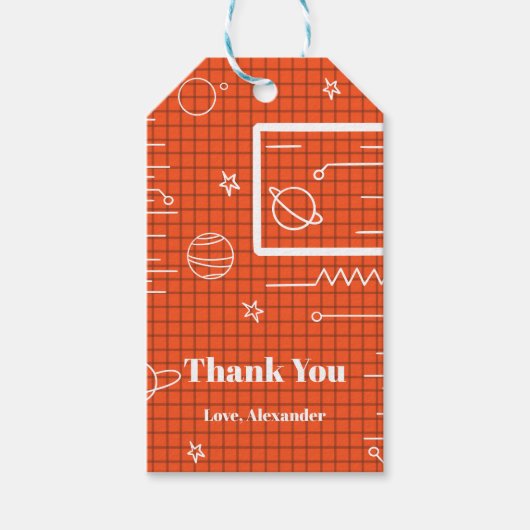 オレンジホワイト宇宙船スクリーン宇宙テーマ誕生日 ギフトタグ (正面)