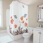 オレンジポピーの花と青い蝶の庭 シャワーカーテン (インサイチュ)