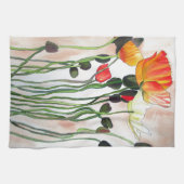 オレンジポピーの花の絵画水色 キッチンタオル (横)