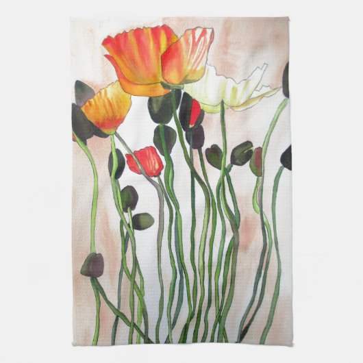 オレンジポピーの花の絵画水色 キッチンタオル (縦)