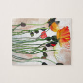 オレンジポピーの花の絵画水色 ジグソーパズル (横)