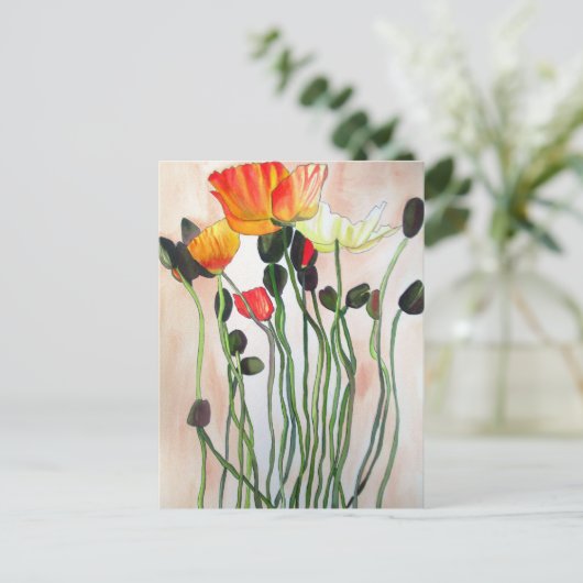 オレンジポピーの花の絵画水色 ポストカード (スタンド正面)