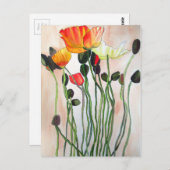 オレンジポピーの花の絵画水色 ポストカード (正面/裏面)