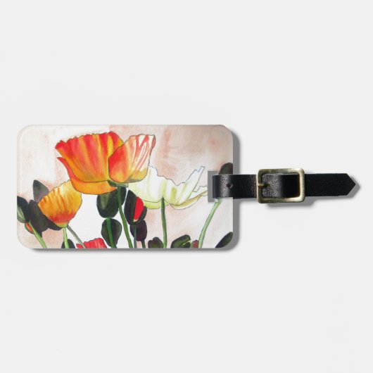 オレンジポピーの花の絵画水色 ラゲッジタグ (正面横)