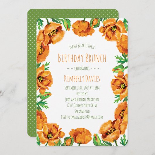 オレンジポピードット誕生日ブランチ 招待状 (正面/裏面)