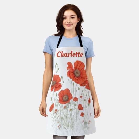 オレンジポピーパーソナライズされた花 エプロン (着用した状態)