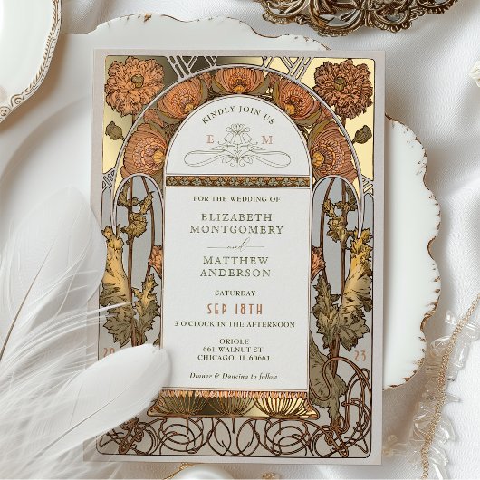 オレンジポピー結婚ズフォイルアールヌーボーミュシャ 箔招待状