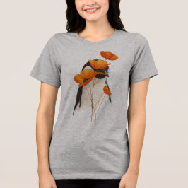 オレンジポピー花とペンギンのボタニカルアートT- トライブレンドTシャツ