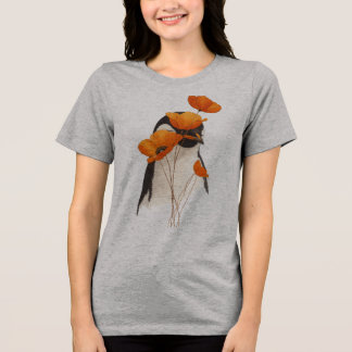 オレンジポピー花とペンギンのボタニカルアートT- トライブレンドTシャツ