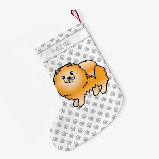 オレンジポメラニア犬かわいい漫画の犬と名前 スモールクリスマスストッキング (裏面 (吊り時))