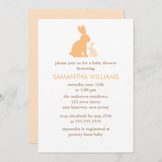 オレンジママとベビーうさぎ赤ちゃんシャワー 招待状 (正面/裏面)
