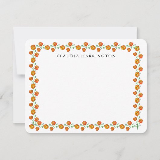 オレンジマリゴールド手図解入りの、写真付きのフローラ植物学 ノートカード (正面)