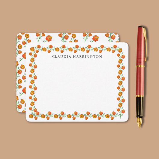 オレンジマリゴールド手図解入りの、写真付きのフローラ植物学 ノートカード