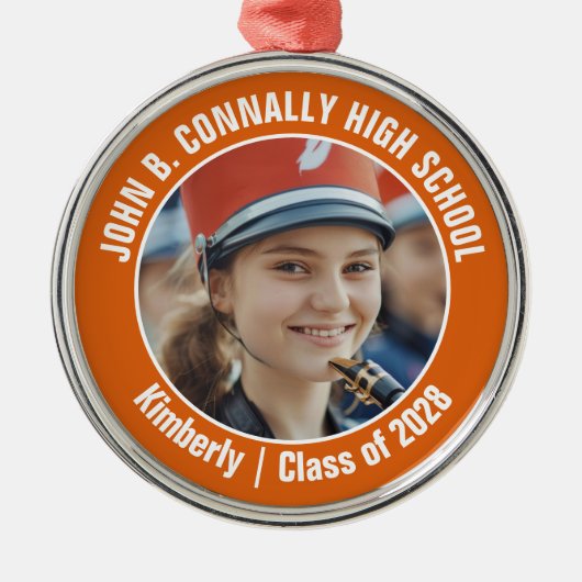 オレンジマーチングバンド写真高校クリスマス メタルオーナメント (正面)