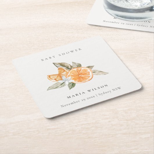 オレンジミニマル色の植物葉ボホベイビーシャワー スクエアペーパーコースター (アングル)