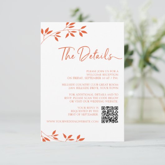 オレンジミニマル色の結婚式RSVPオンラインQRコード詳細 エンクロージャーカード (スタンド正面)